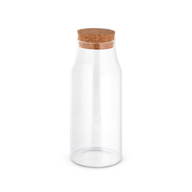Clear glass bottle with cork lid.