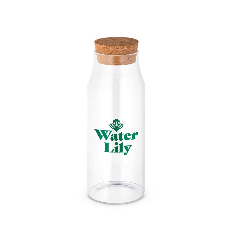 Water Lily branded glass bottle with cork lid.