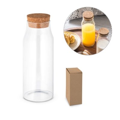 Glass bottle with orange juice and cork lid.