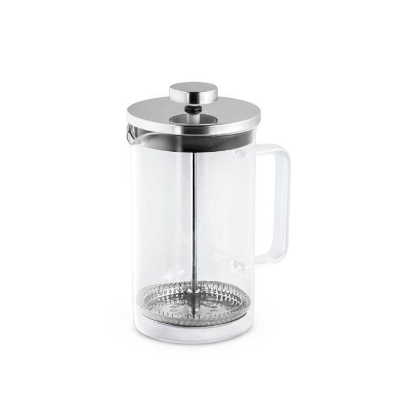 Glass and metal French press coffee maker.