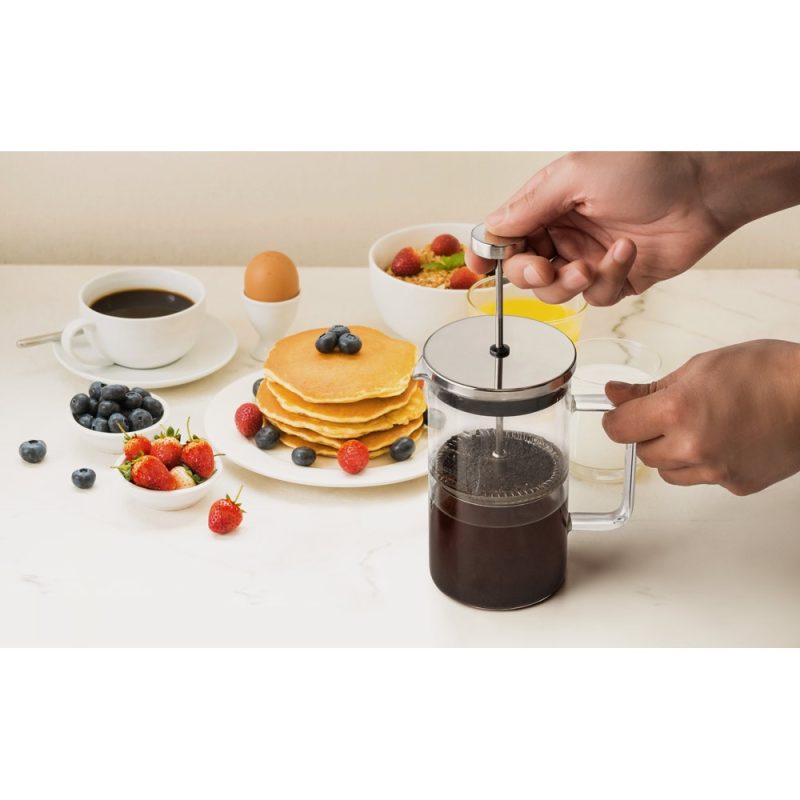 French press coffee with breakfast spread