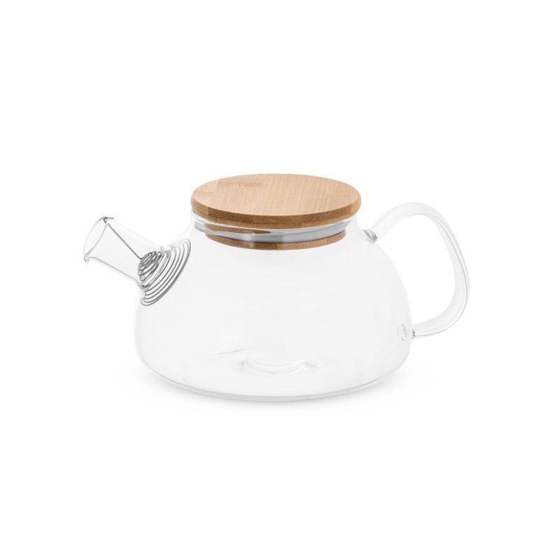 Glass teapot with bamboo lid on white background.