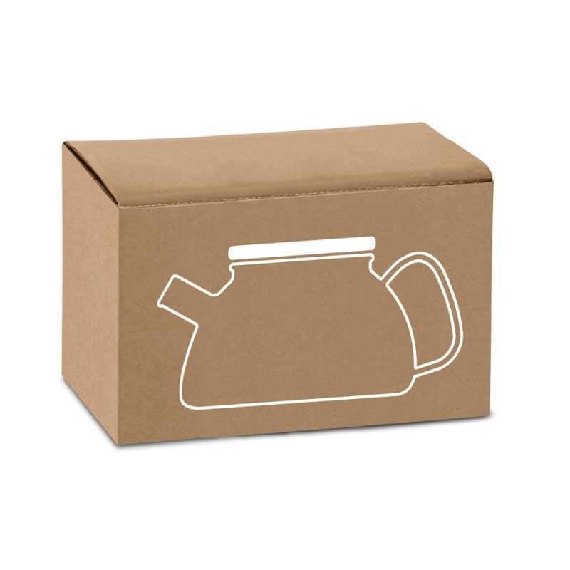 Brown cardboard box with teapot illustration.
