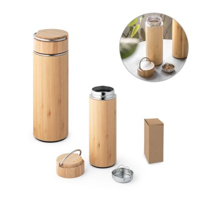 Bamboo reusable water bottle with strainer and box