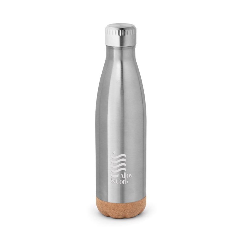Stainless steel insulated bottle with cork base.