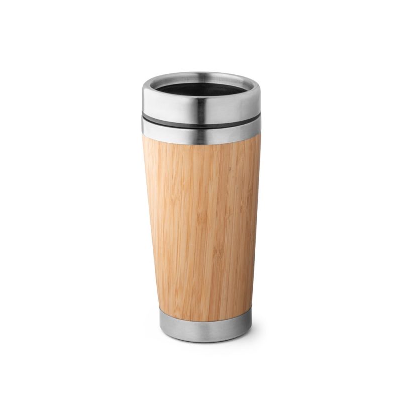 Bamboo and stainless steel travel mug.