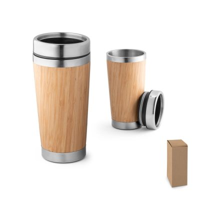 Eco-friendly bamboo thermos with lids and packaging.