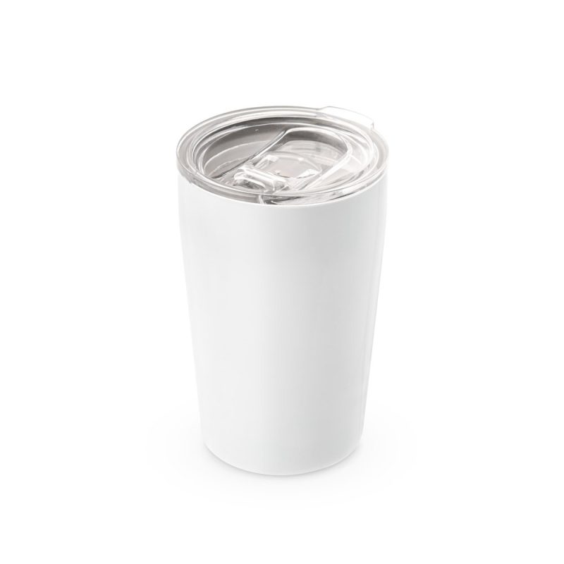 White insulated travel mug with clear lid