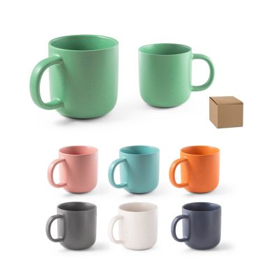 Assorted colourful mugs with cardboard box packaging.
