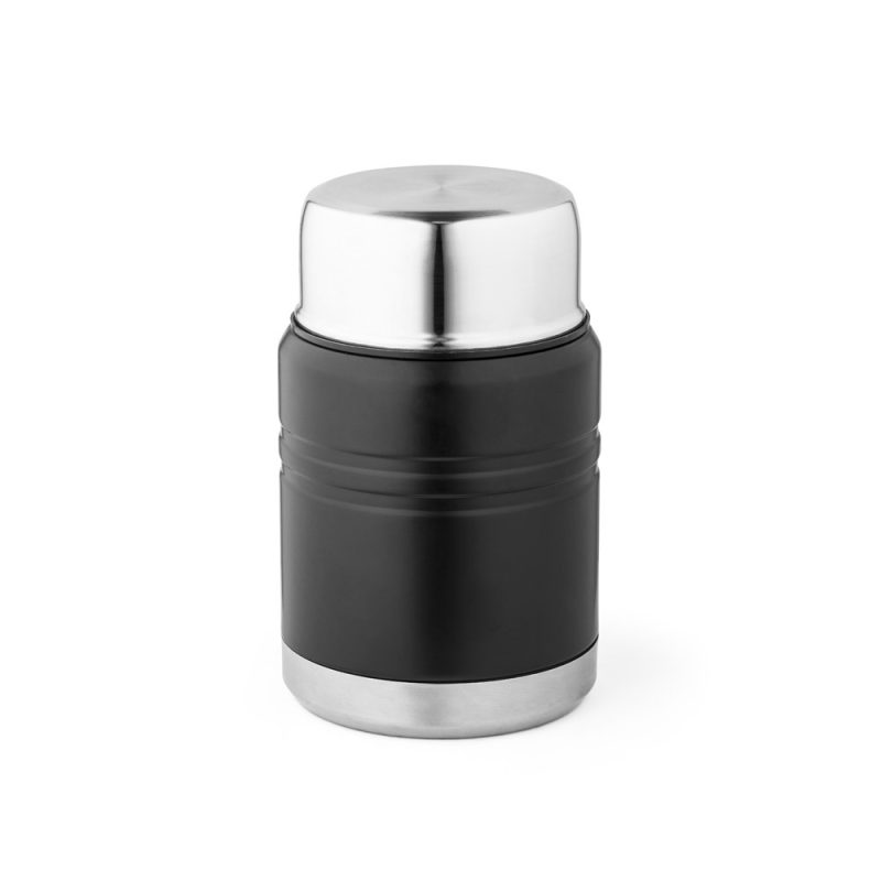 Black and silver insulated food flask