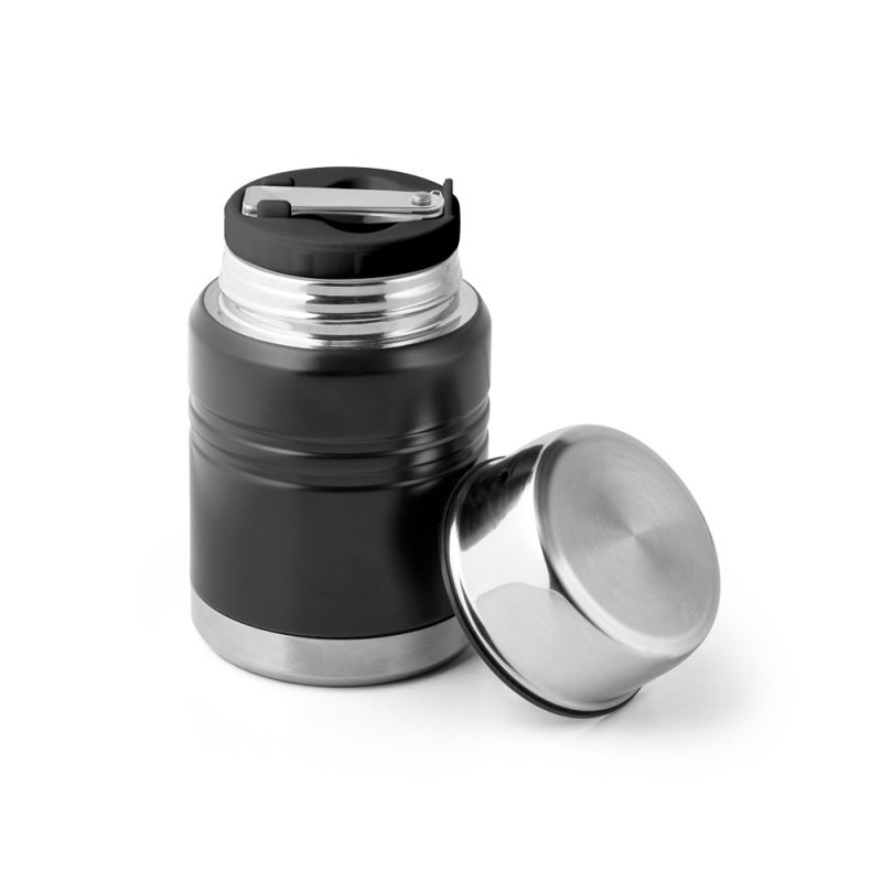 Black insulated food flask with open lid.