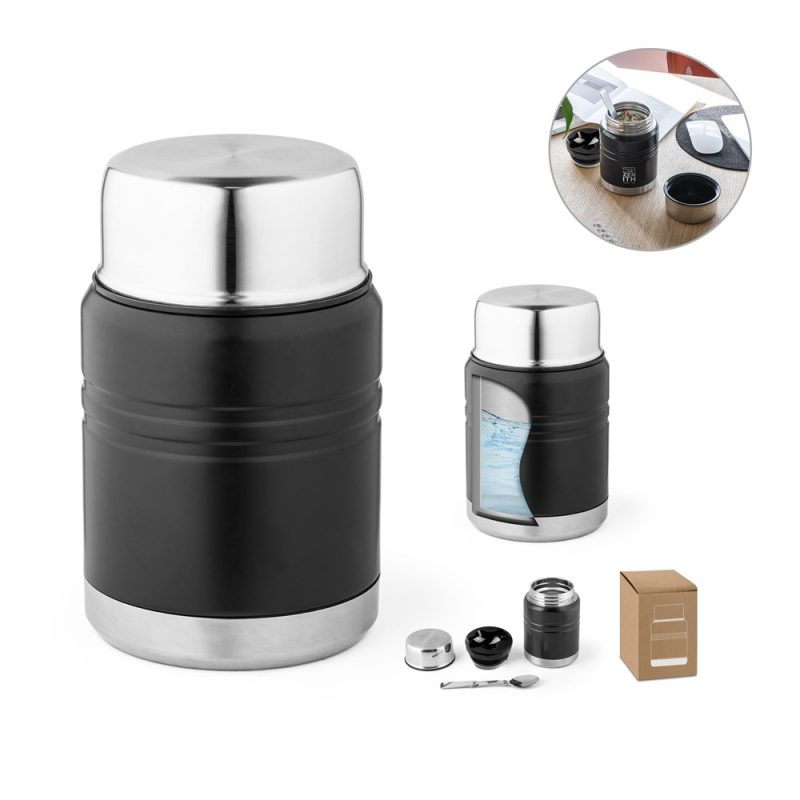 Black insulated food flask with lid and box.