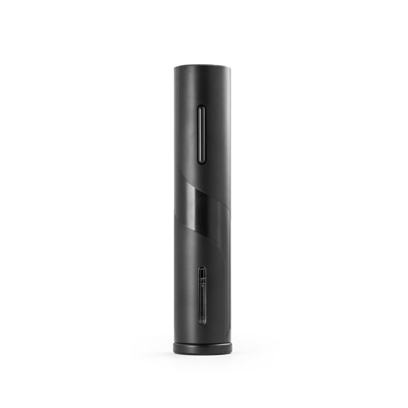 Black automatic wine opener on white background.