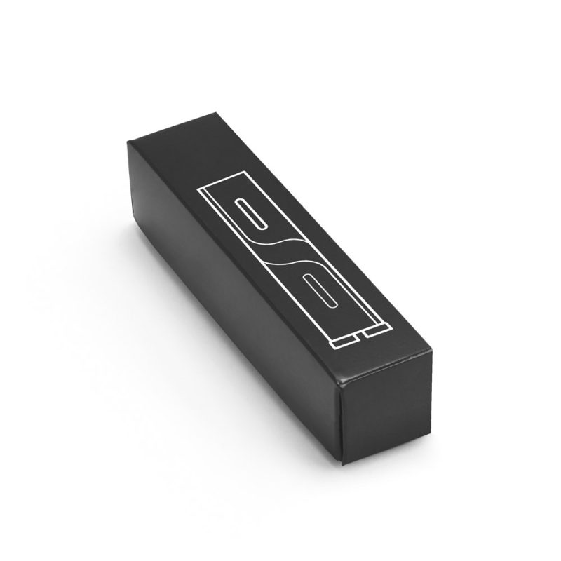 Black rectangular box with white geometric design.