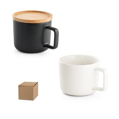 Black ceramic mug and white mug with box.