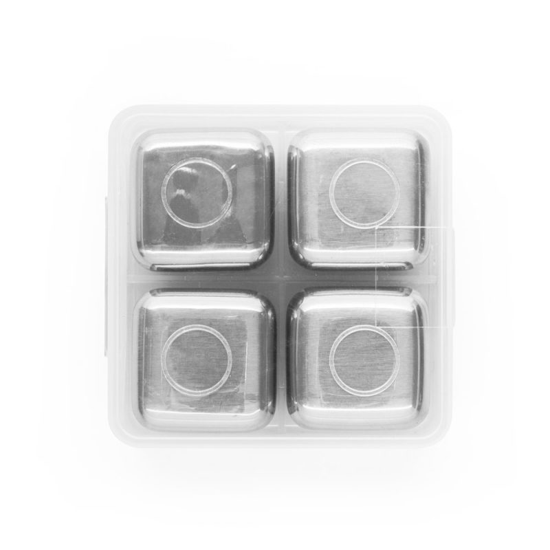 Stainless steel whisky stones in plastic case.