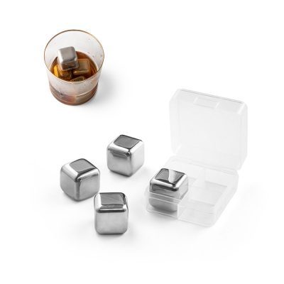 Metal ice cubes and glass of whiskey.
