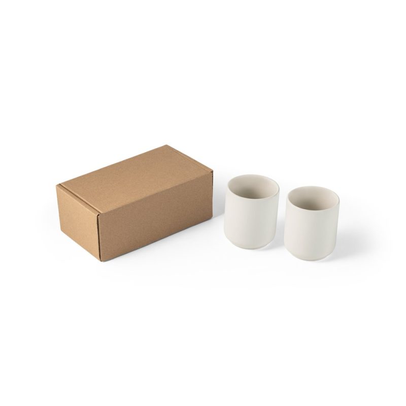 Cardboard box with two white ceramic cups