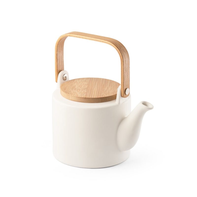 Ceramic teapot with wooden handle and lid.