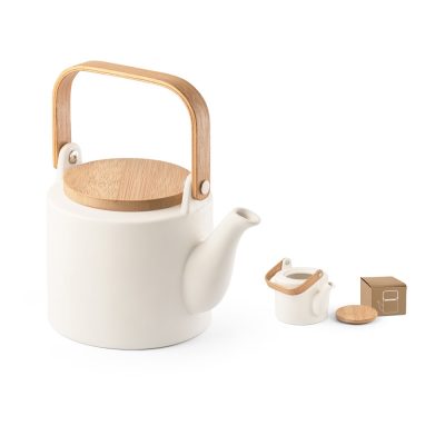 White ceramic teapot with wooden handle and lid.