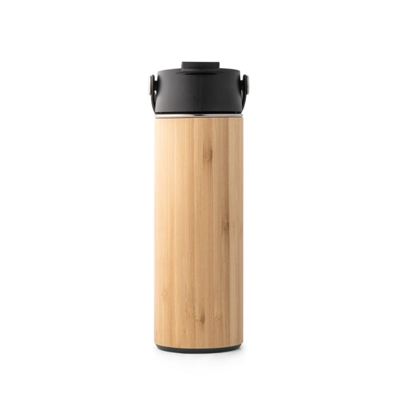 Bamboo travel mug with black lid.