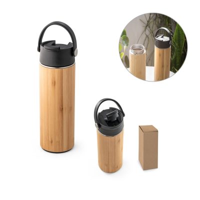 Bamboo travel mug with lid and packaging.