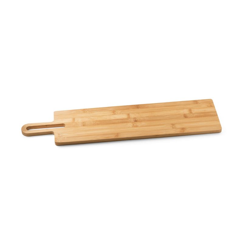 Rectangular bamboo chopping board with handle.