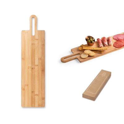 Wooden serving board with appetisers and packaging.
