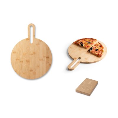 Bamboo pizza board with pizza slices and box.