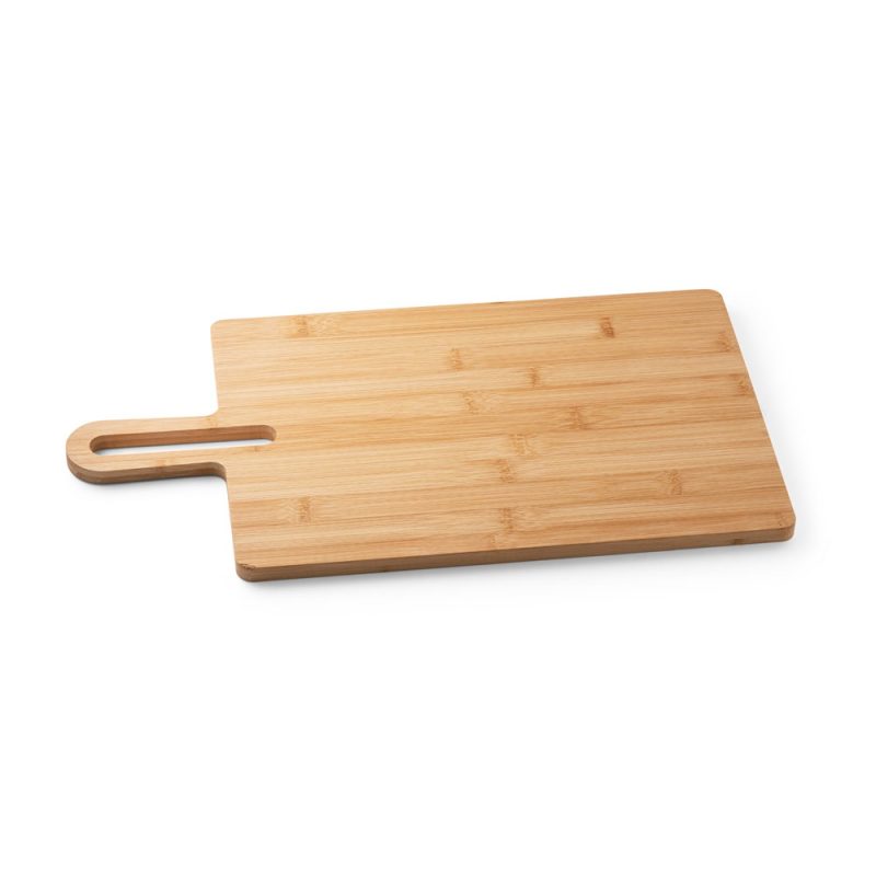 Bamboo chopping board with handle on white background.
