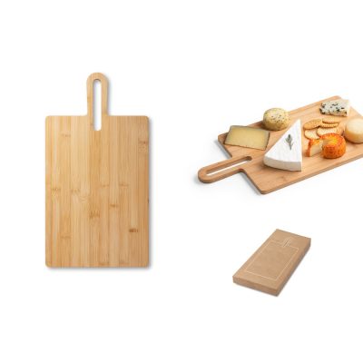 Bamboo serving board with assorted cheeses and box.