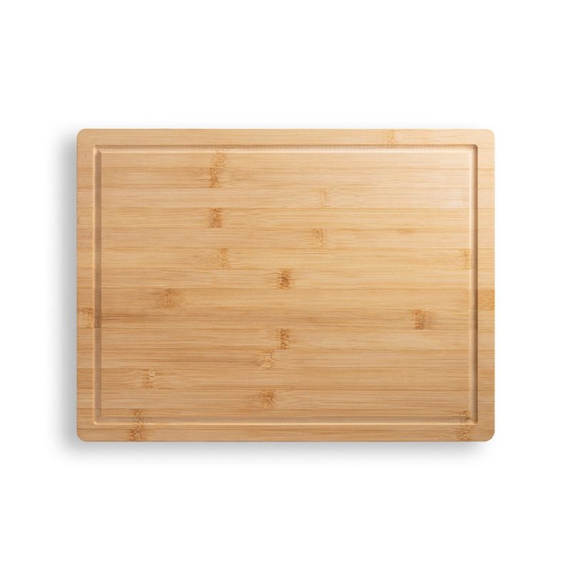 Rectangular bamboo cutting board with juice groove.