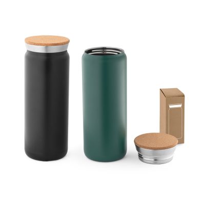 Two insulated bottles with cork-lined lids.