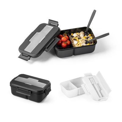 Stacked bento lunch boxes with cutlery and food.