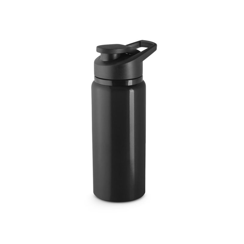 Black reusable water bottle with handle.