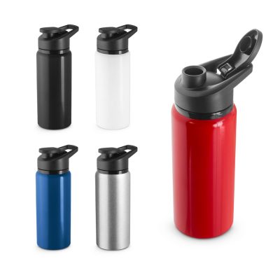 Five coloured reusable water bottles with black lids.
