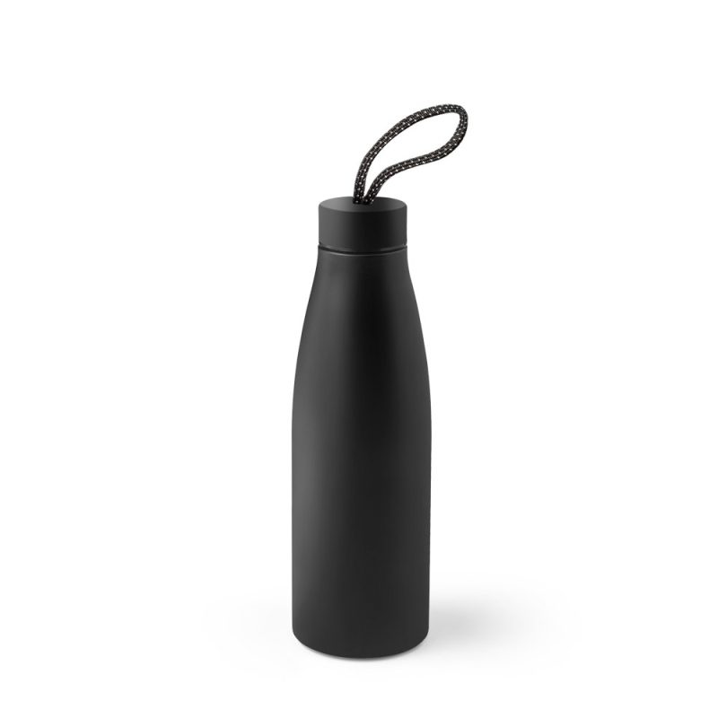 Black reusable water bottle with a handled lid.
