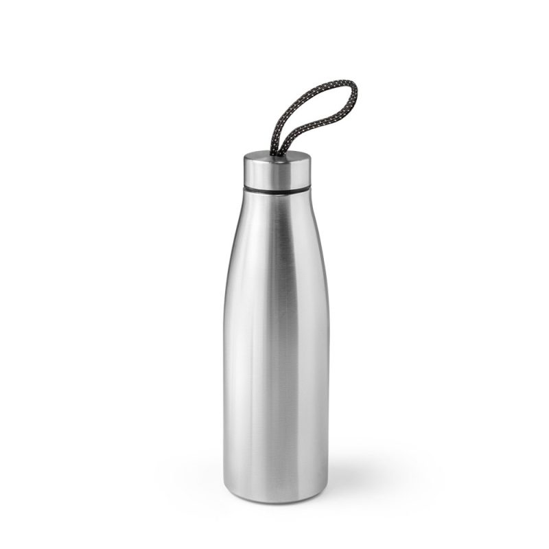 Stainless steel water bottle with a carrying loop.