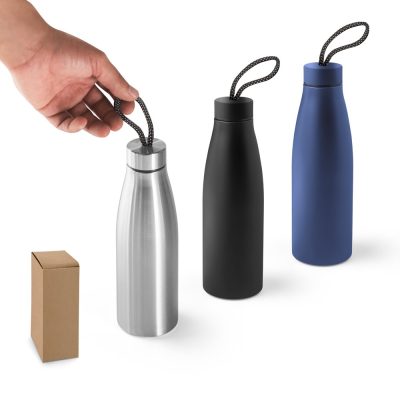 Hand holding stainless steel insulated bottle.