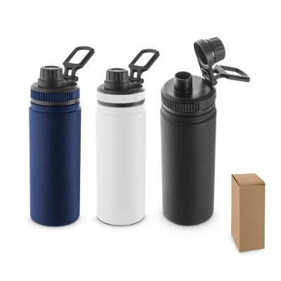 Three water bottles with a box.