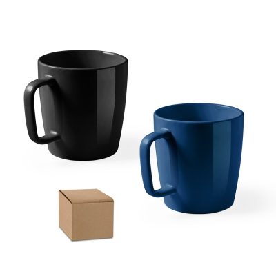 Black and blue mugs, small cardboard box