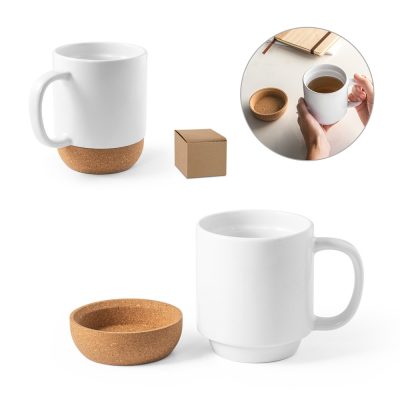 White mug with cork base and coaster.