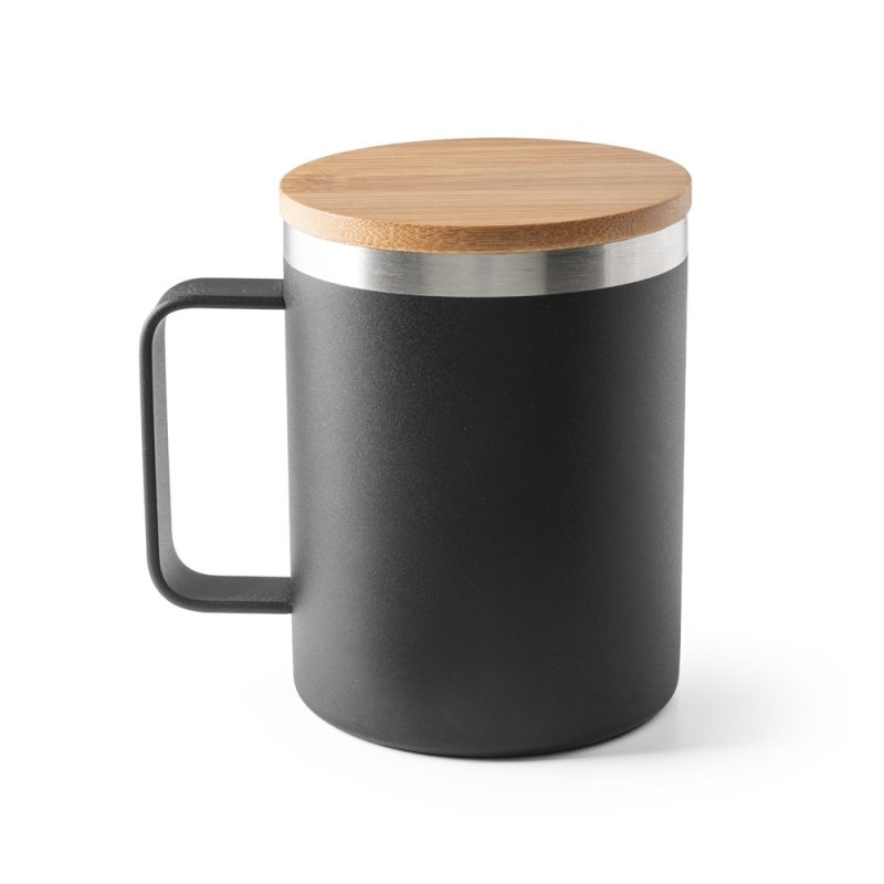 Black mug with wooden lid
