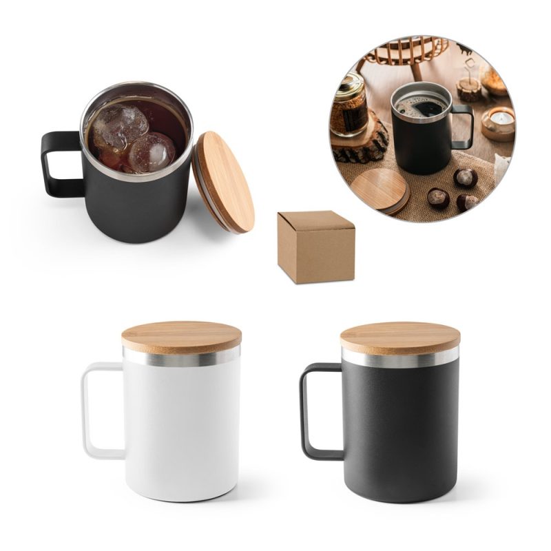 Bamboo lid mugs in black and white.