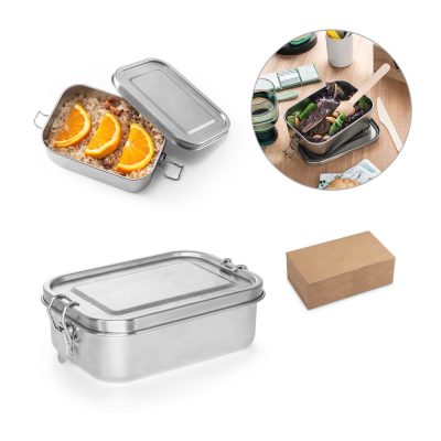 Stainless steel lunch box with food and packaging