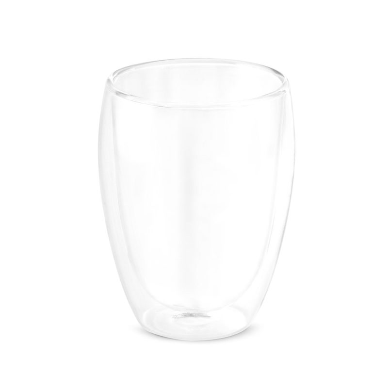 Clear double-walled glass mug on white background.