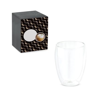 Double-walled glass with decorative packaging.