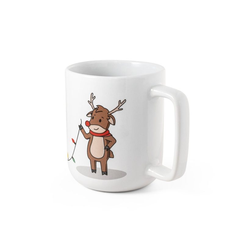 Mug with cartoon reindeer holding Christmas lights