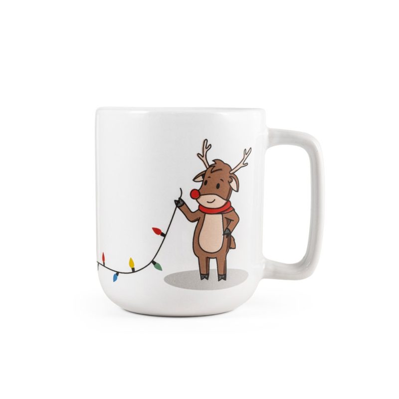 White mug with cartoon reindeer and lights.