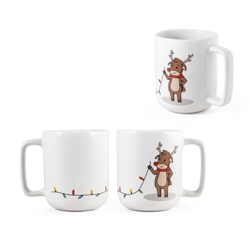 Christmas mug with reindeer and lights illustration.